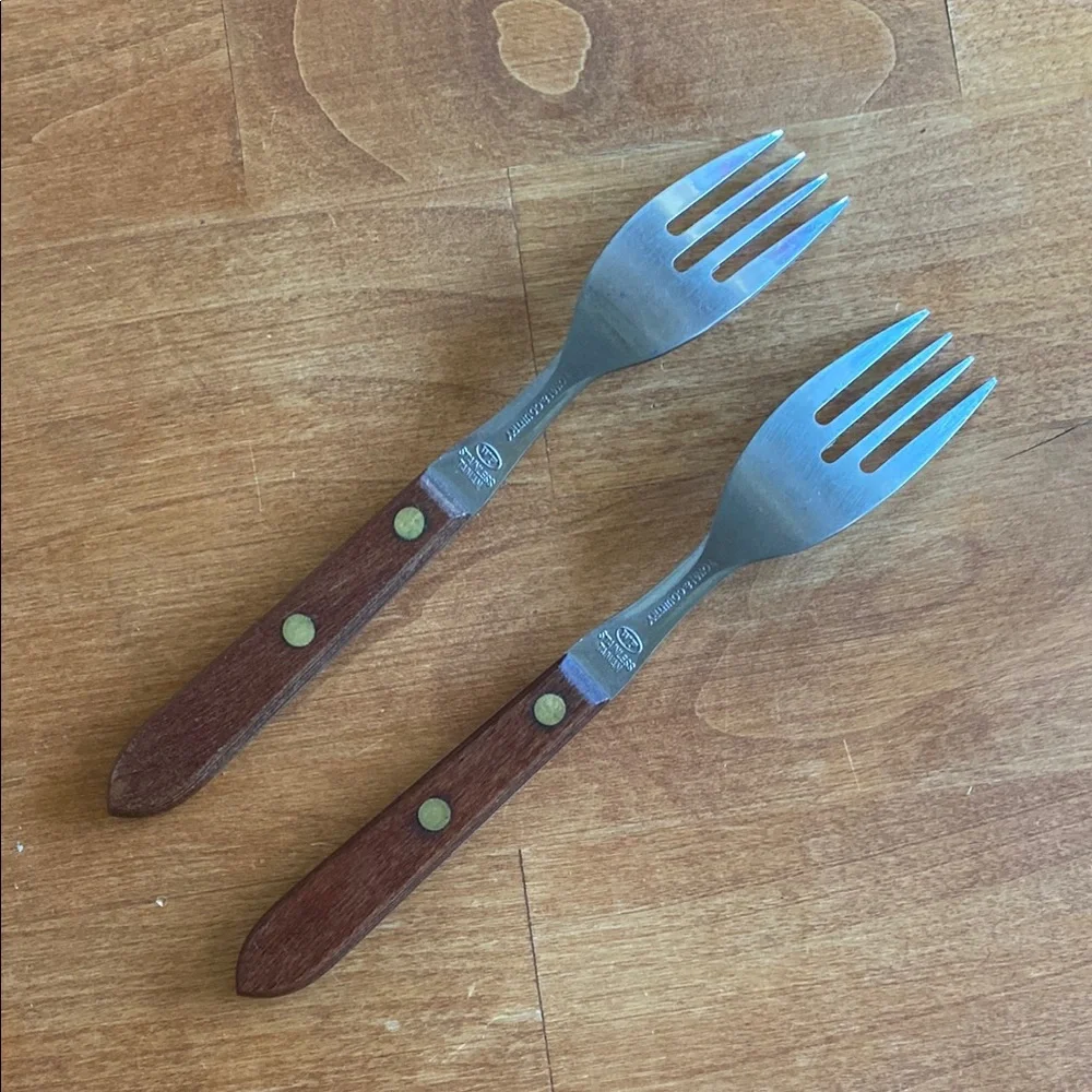 Vtg MCM Mid Century Town & Country Wooden Handle Salad Dessert Forks Flatware